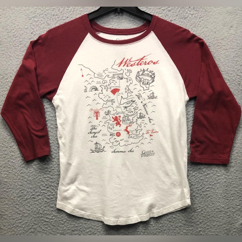 Game Of Thrones Map Of Westeros Raglan Sleeve Shirt Men Small White/Red